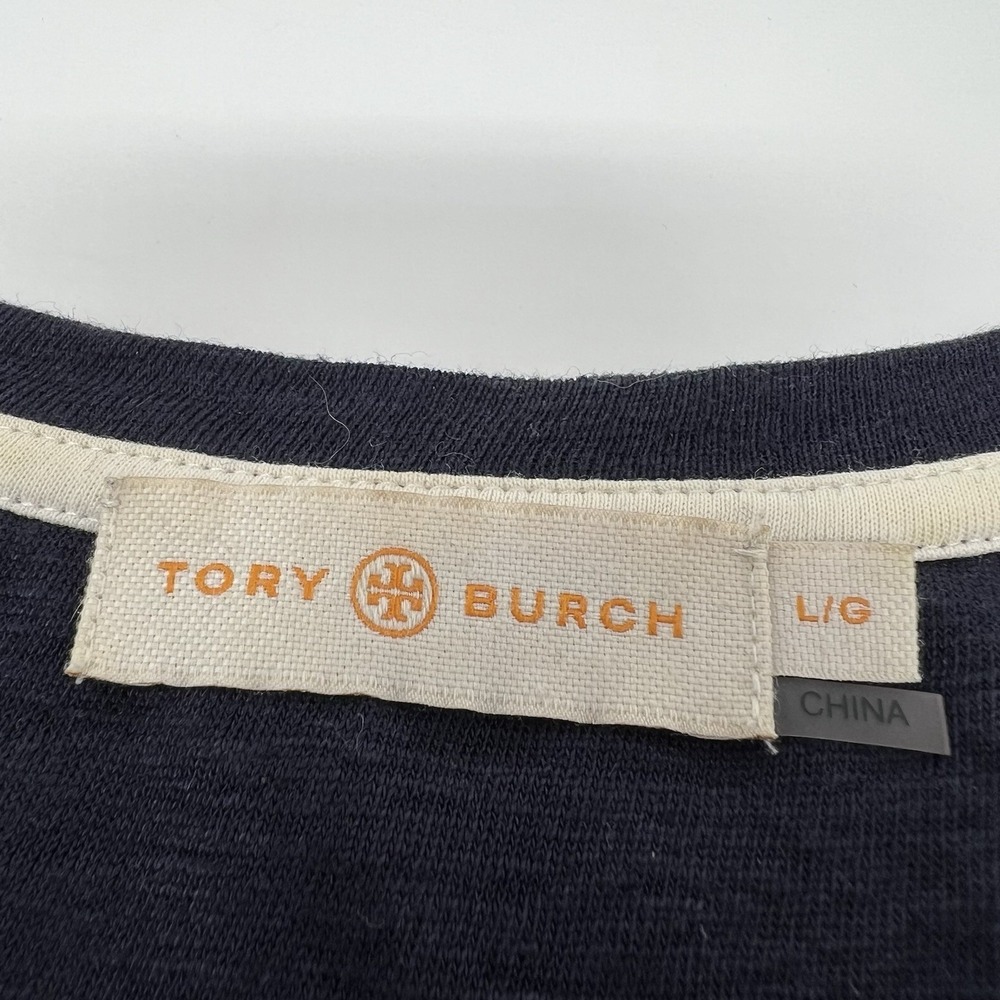 Tory Burch 100% Linen Women's Large Eyelet Trim Blouse Navy Blue Short Sleeve - Picture 7 of 10